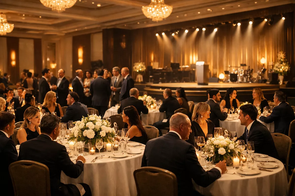 Corporate gala dinner with round tables in luxury ballroom