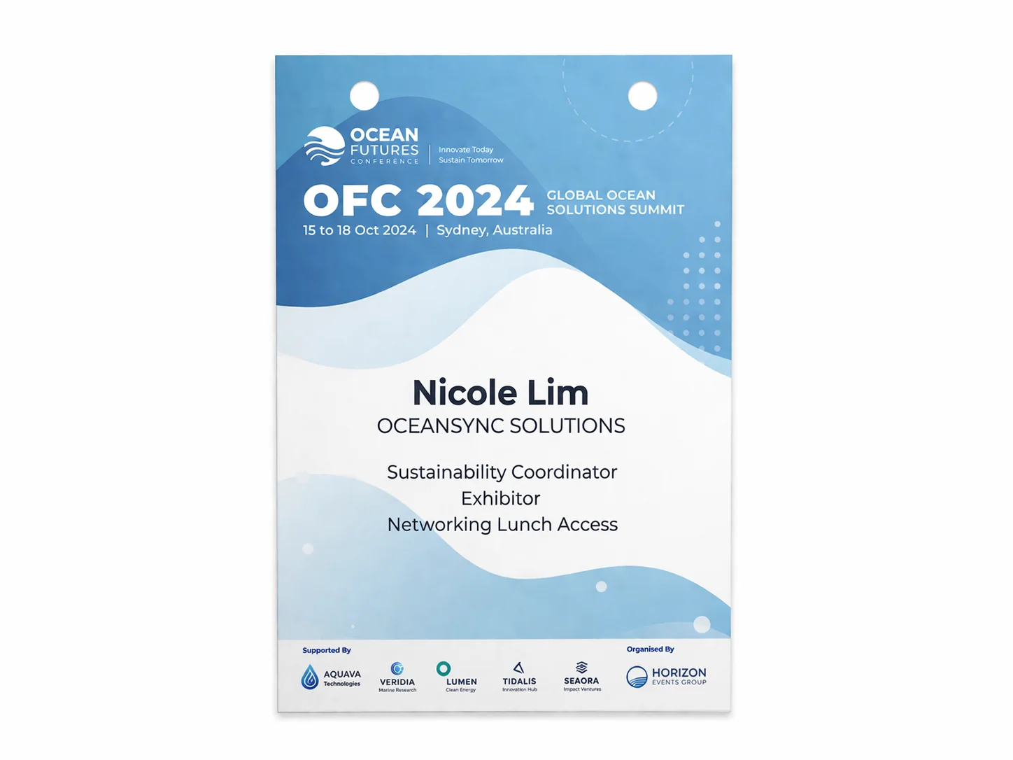 A6 laser-printed conference badge — Nicole Lim, Speaker