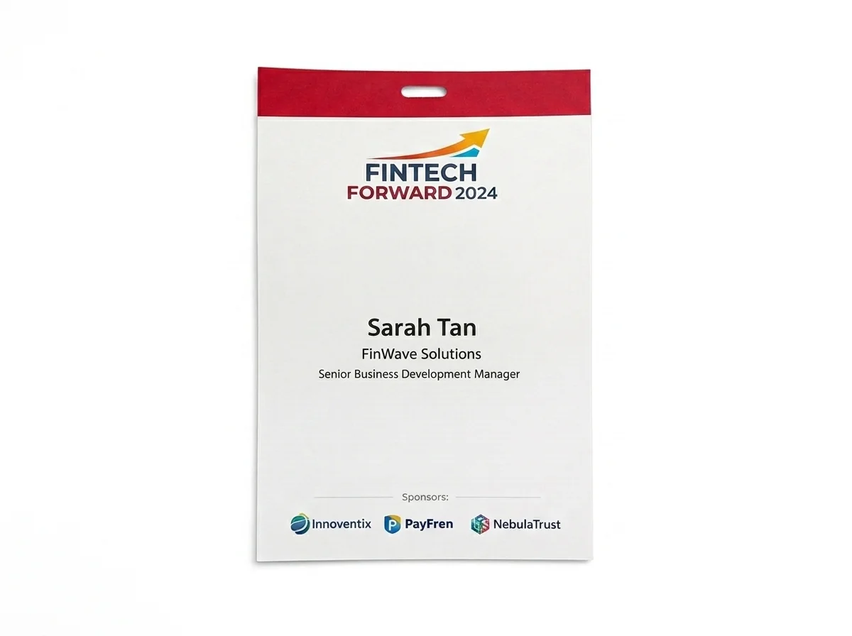 A6 laser-printed fintech event badge with category colour-coding — Sarah Tan